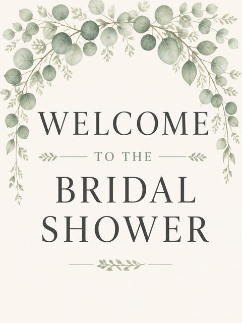 Welcome sign in the Cream Watercolor Eucalyptus Bridal Shower design