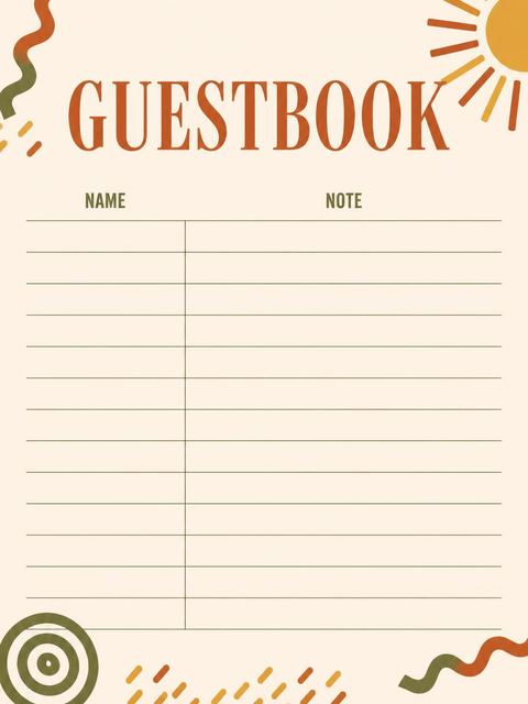Guest sign-in sheet in the Terracotta Olive Retro Sun 65th Birthday design