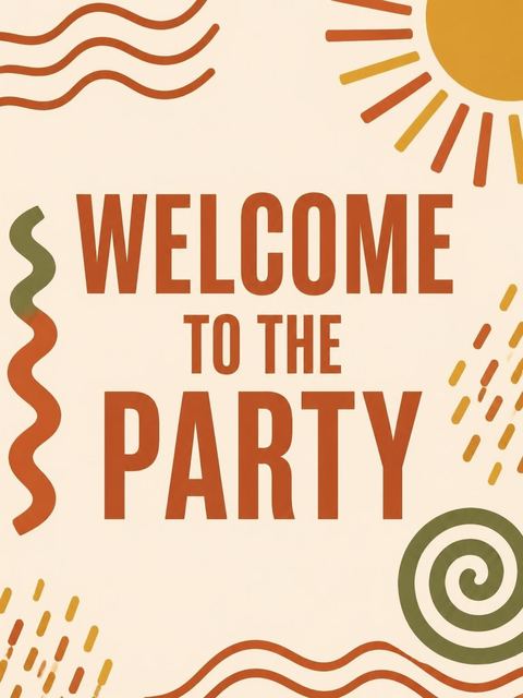 Welcome sign in the Terracotta Olive Retro Sun 65th Birthday design