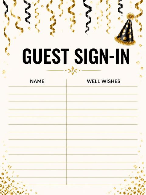Guest sign-in sheet in the Gold Black Streamer 90th Birthday design