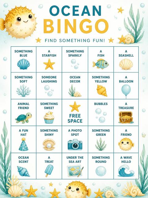 Bingo grid in the Watercolor Pufferfish Underwater 2nd Birthday design