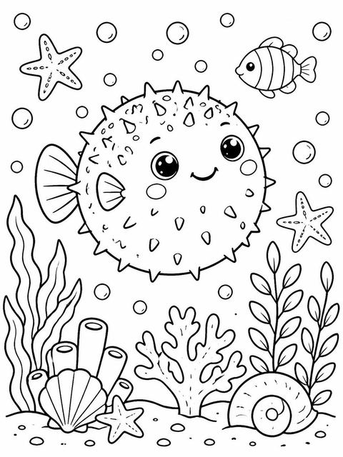 Coloring sheet in the Watercolor Pufferfish Underwater 2nd Birthday design