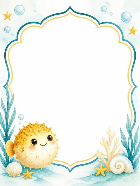 Place card in the Watercolor Pufferfish Underwater 2nd Birthday design