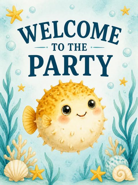 Welcome sign in the Watercolor Pufferfish Underwater 2nd Birthday design