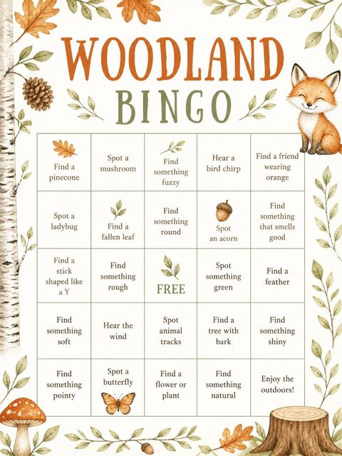 Bingo grid in the Watercolor Fox Birch Tree 8th Birthday design
