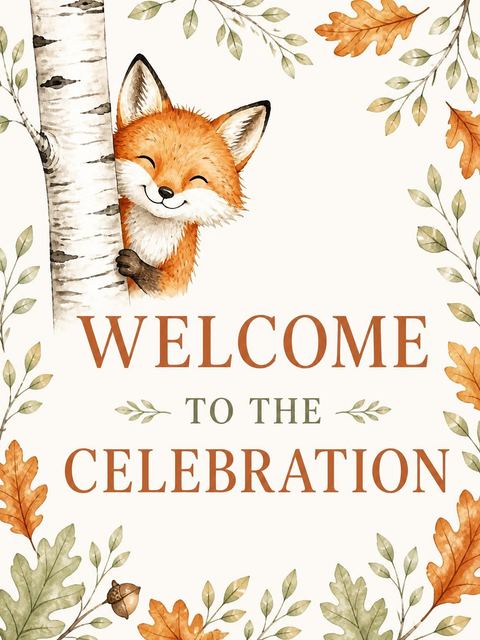 Welcome sign in the Watercolor Fox Birch Tree 8th Birthday design