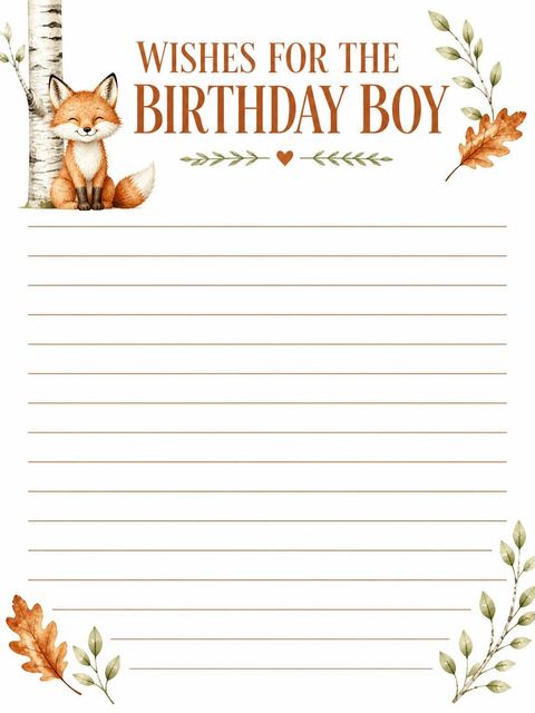 Wishes page in the Watercolor Fox Birch Tree 8th Birthday design