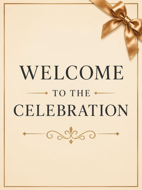 Welcome sign in the Cream and Gold Bow 90th Birthday Invitation design
