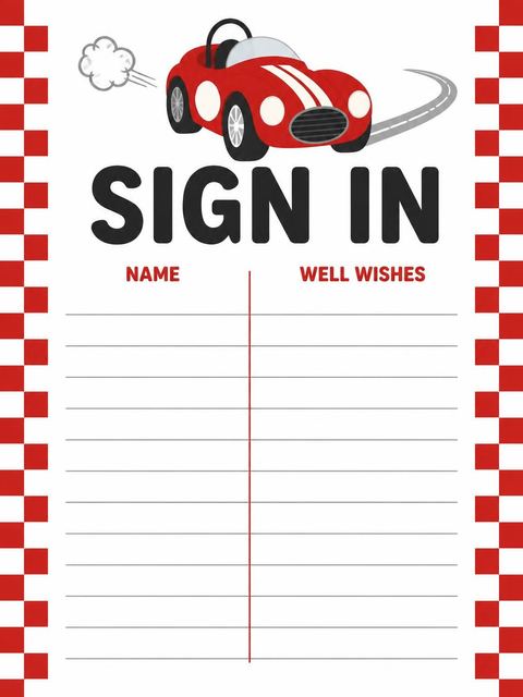 Guest sign-in sheet in the Red Roadster Race Car 2nd Birthday design
