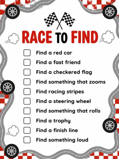 Scavenger hunt in the Red Roadster Race Car 2nd Birthday design