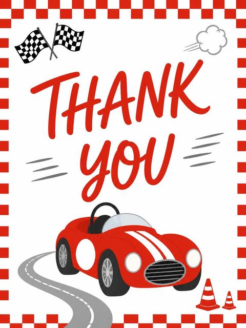 Thank-you flat in the Red Roadster Race Car 2nd Birthday design