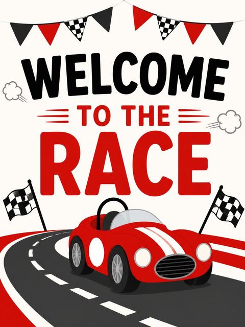 Welcome sign in the Red Roadster Race Car 2nd Birthday design