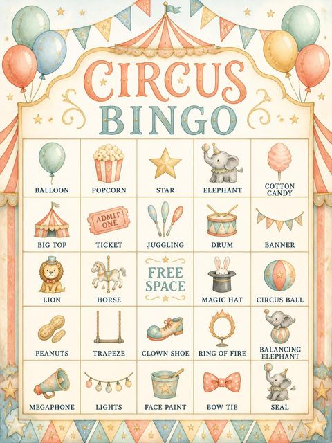 Bingo grid in the Pastel Watercolor Animal Circus 2nd Birthday design