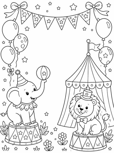 Coloring sheet in the Pastel Watercolor Animal Circus 2nd Birthday design