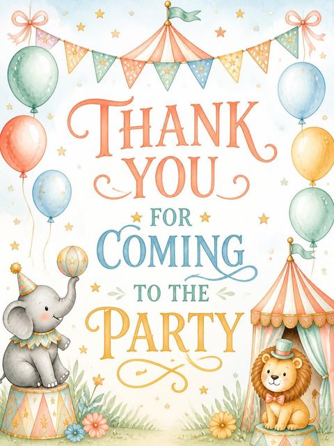 Thank-you flat in the Pastel Watercolor Animal Circus 2nd Birthday design