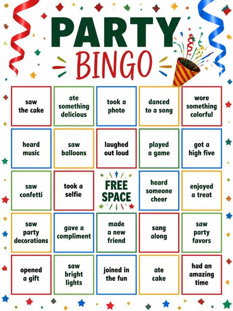 Bingo grid in the Colorful Confetti Streamer Sweet Sixteen design