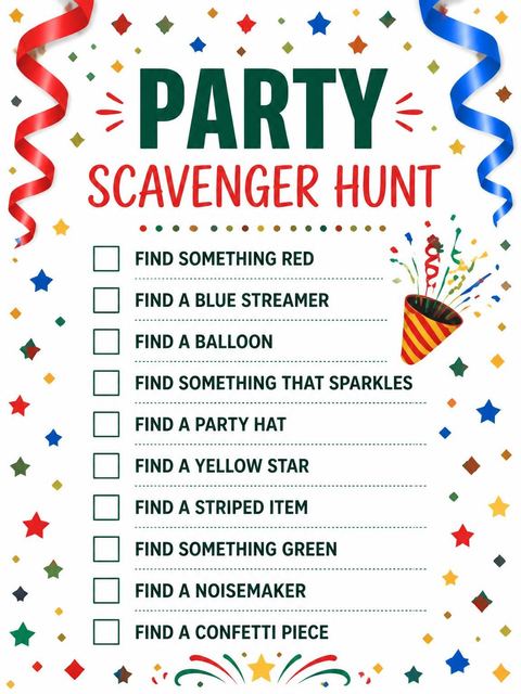 Scavenger hunt in the Colorful Confetti Streamer Sweet Sixteen design
