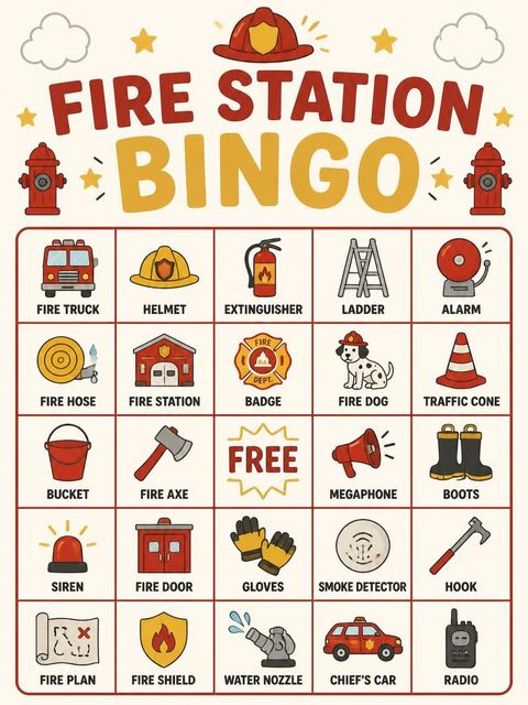 Bingo grid in the Fire Engine Motif 3rd Birthday Invitation design