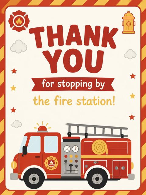 Thank-you flat in the Fire Engine Motif 3rd Birthday Invitation design