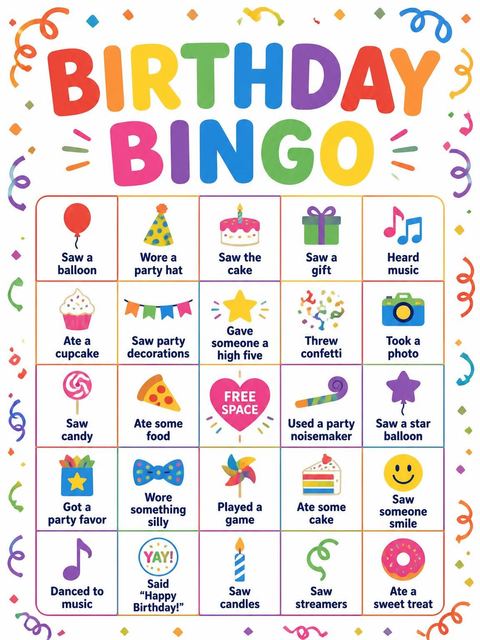 Bingo grid in the Rainbow Confetti 7th Birthday Bash Invitation design