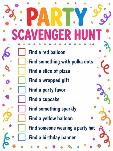 Scavenger hunt in the Rainbow Confetti 7th Birthday Bash Invitation design