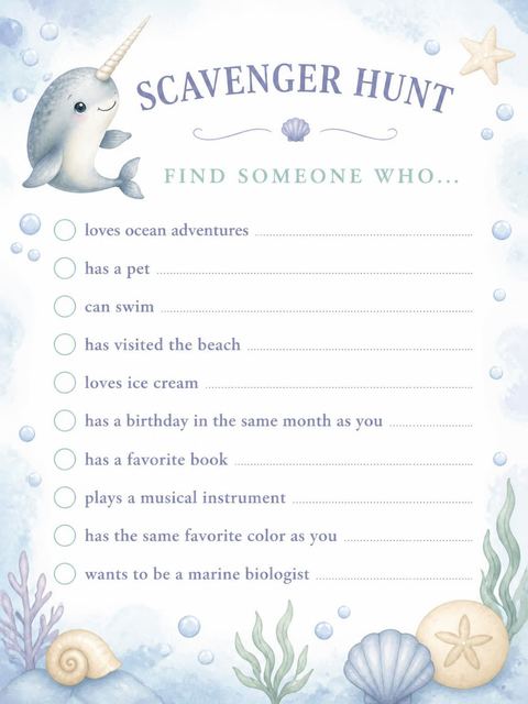 Scavenger hunt in the Blue Narwhal Watercolor 3rd Birthday design