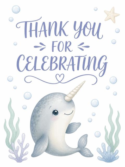 Thank-you flat in the Blue Narwhal Watercolor 3rd Birthday design