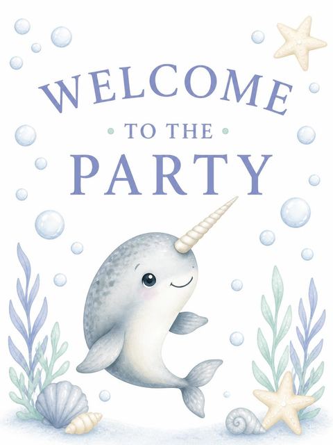 Welcome sign in the Blue Narwhal Watercolor 3rd Birthday design