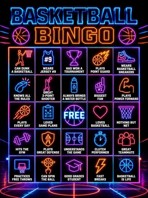 Bingo grid in the Neon Game Time Basketball 9th Birthday design