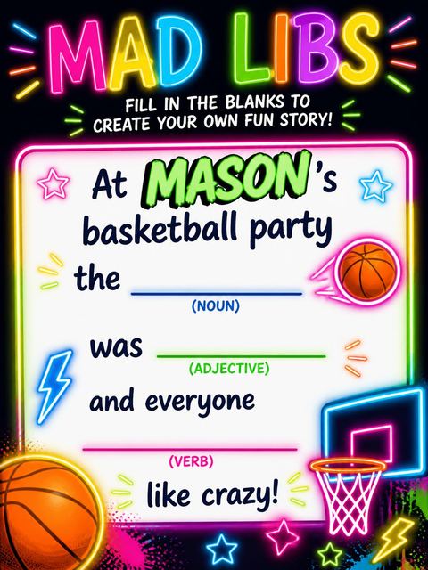 Mad libs in the Neon Game Time Basketball 9th Birthday design