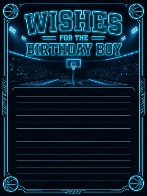 Wishes page in the Neon Game Time Basketball 9th Birthday design
