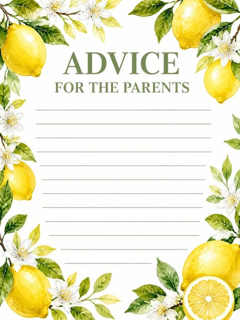 Advice card in the Watercolor Lemon Citrus Baby Shower design