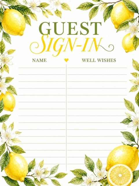 Guest sign-in sheet in the Watercolor Lemon Citrus Baby Shower design