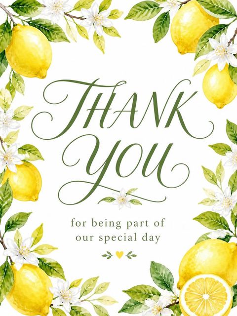 Thank-you flat in the Watercolor Lemon Citrus Baby Shower design