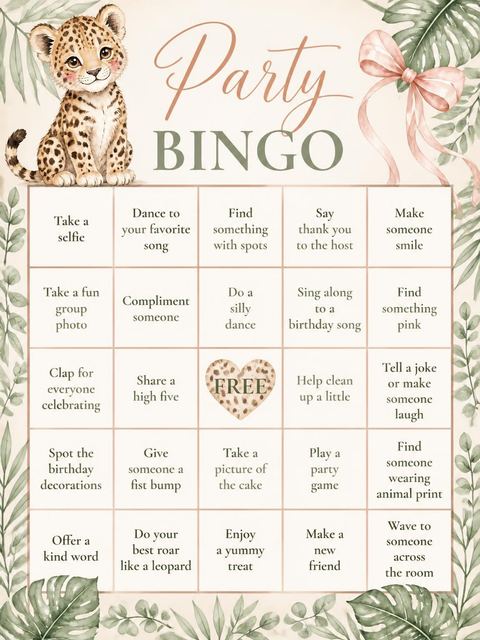 Bingo grid in the Blush Leopard Botanical 3rd Birthday design