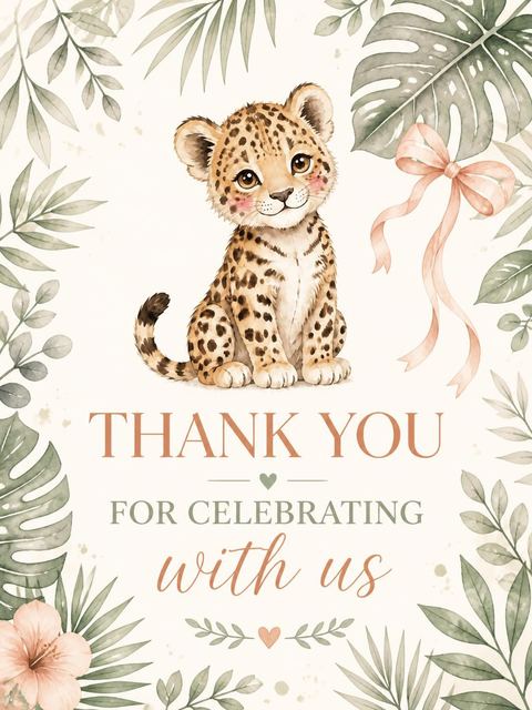 Thank-you flat in the Blush Leopard Botanical 3rd Birthday design