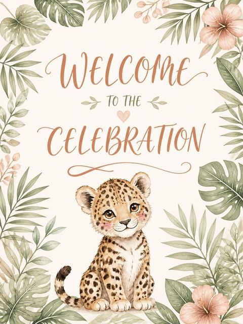 Welcome sign in the Blush Leopard Botanical 3rd Birthday design