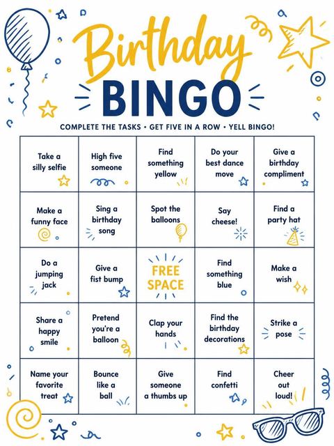 Bingo grid in the Blue and Yellow Doodle 16th Birthday design