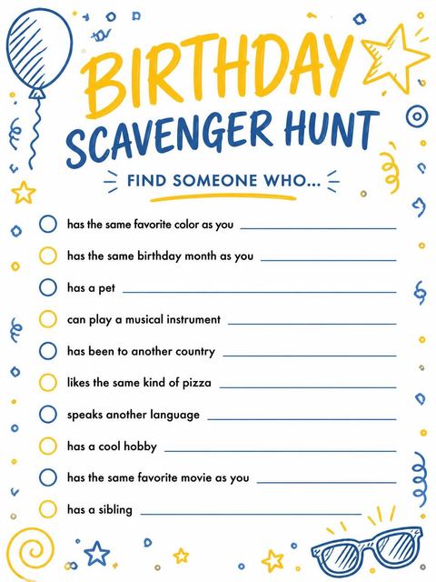 Scavenger hunt in the Blue and Yellow Doodle 16th Birthday design