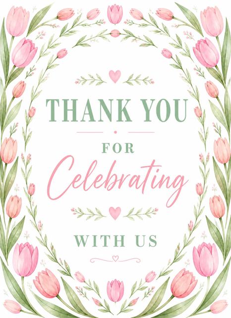 Thank-you flat in the Pink Tulip Watercolor Bridal Shower design