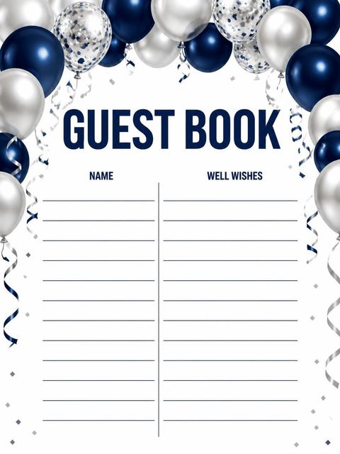 Guest sign-in sheet in the Navy and Silver Balloon 50th Birthday design