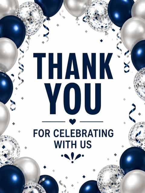 Thank-you flat in the Navy and Silver Balloon 50th Birthday design