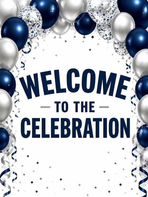 Welcome sign in the Navy and Silver Balloon 50th Birthday design