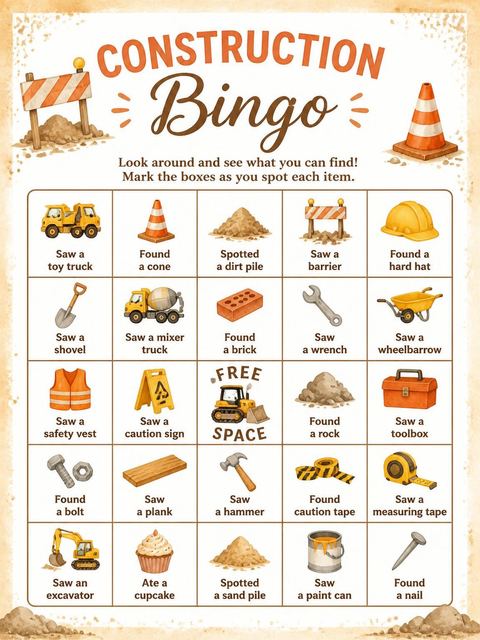 Bingo grid in the Watercolor Bulldozer 2nd Birthday Invitation design