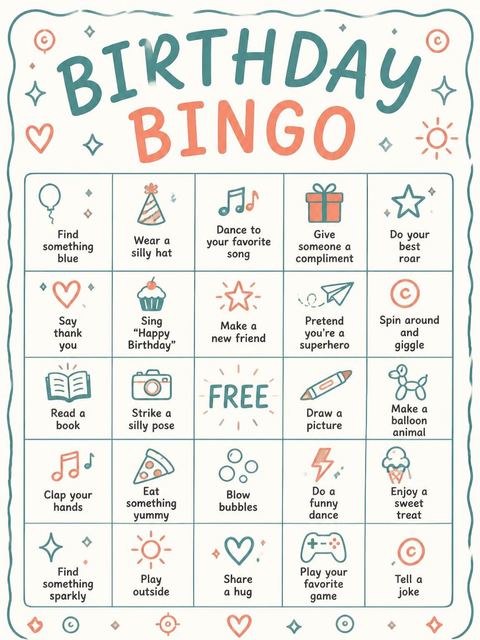 Bingo grid in the Teal and Orange Doodle 7th Birthday design