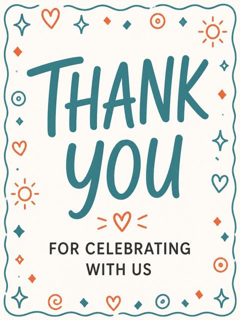 Thank-you flat in the Teal and Orange Doodle 7th Birthday design