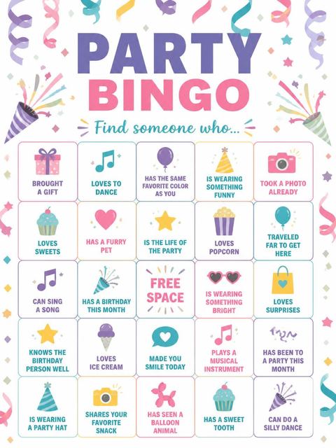 Bingo grid in the Pastel Confetti Streamer 11th Birthday Invitation design