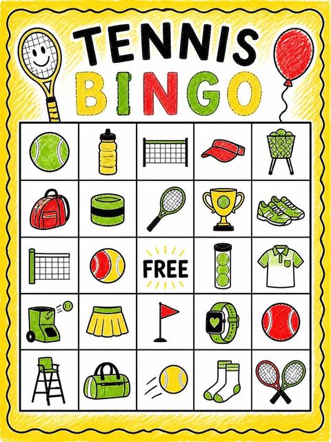 Bingo grid in the Crayon Tennis Racket 5th Birthday design