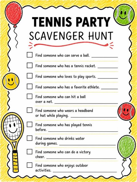 Scavenger hunt in the Crayon Tennis Racket 5th Birthday design