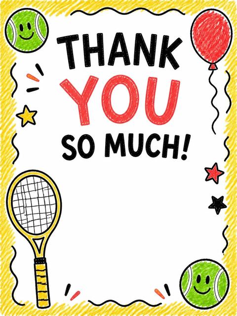 Thank-you flat in the Crayon Tennis Racket 5th Birthday design
